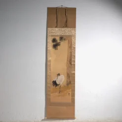 Antikes japanisches Kakejiku eines Kranichs in Farbe auf Papier, 1900