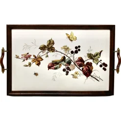 Antikes Jugendstil Tablett mit Fliesenplatte und Blumendekoration, 1905er