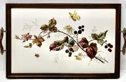 Antikes Jugendstil Tablett mit Fliesenplatte und Blumendekoration, 1905er