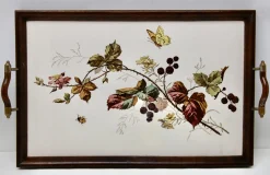 Antikes Jugendstil Tablett mit Fliesenplatte und Blumendekoration, 1905er