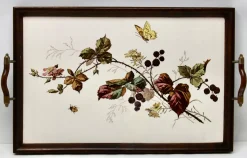 Antikes Jugendstil Tablett mit Fliesenplatte und Blumendekoration, 1905er