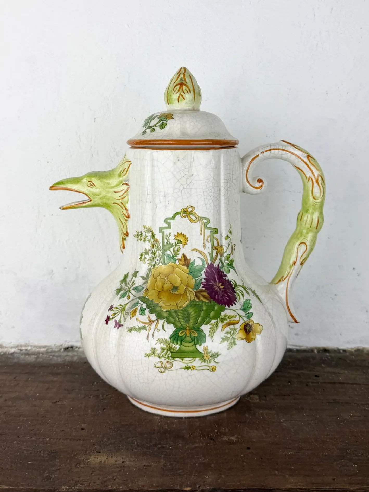 Antike zoomorphe italienische Majolica Kaffeekanne im Stil von Pasquale Rubati, frühes 20. Jh