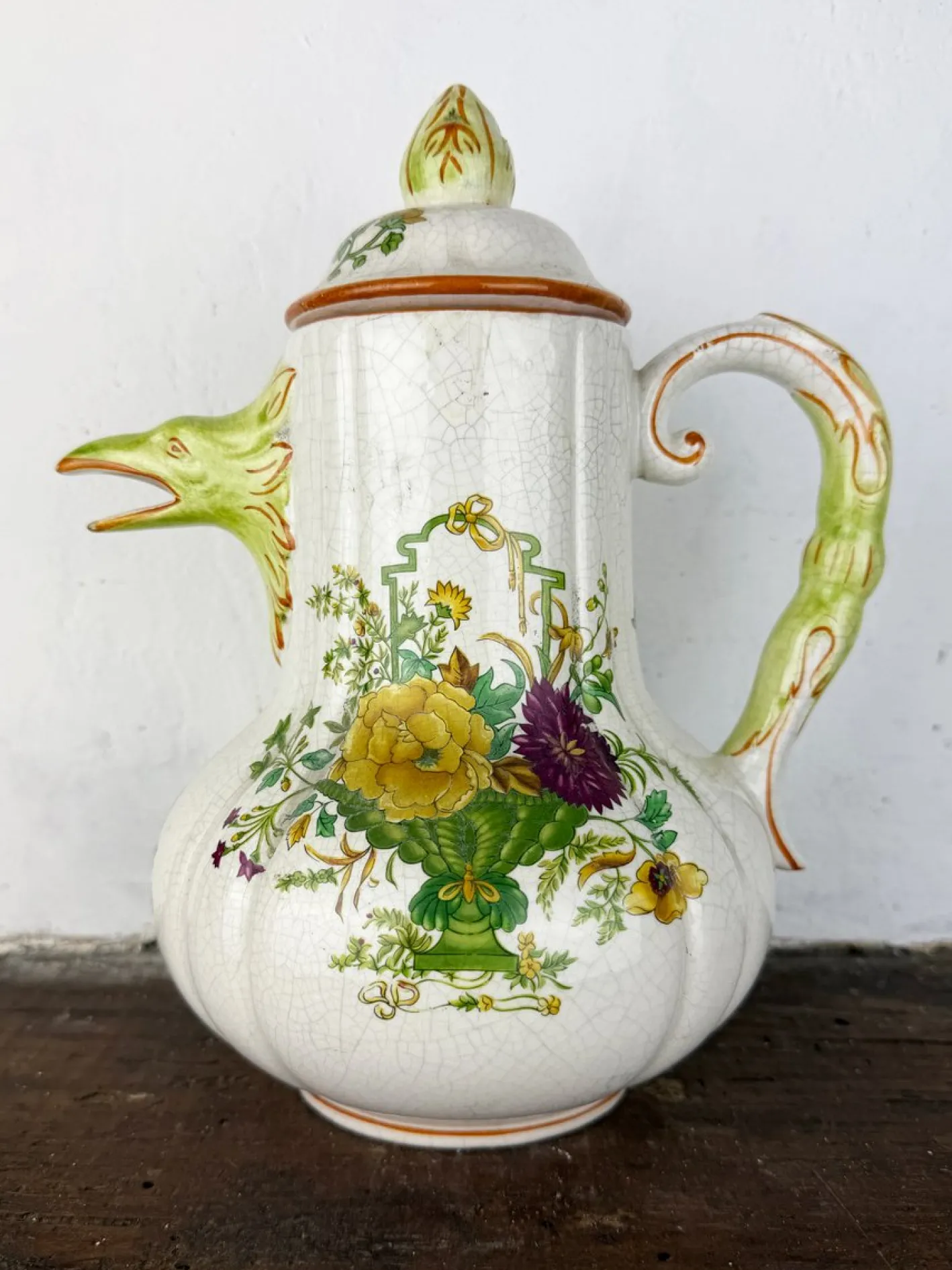 Antike zoomorphe italienische Majolica Kaffeekanne im Stil von Pasquale Rubati, frühes 20. Jh