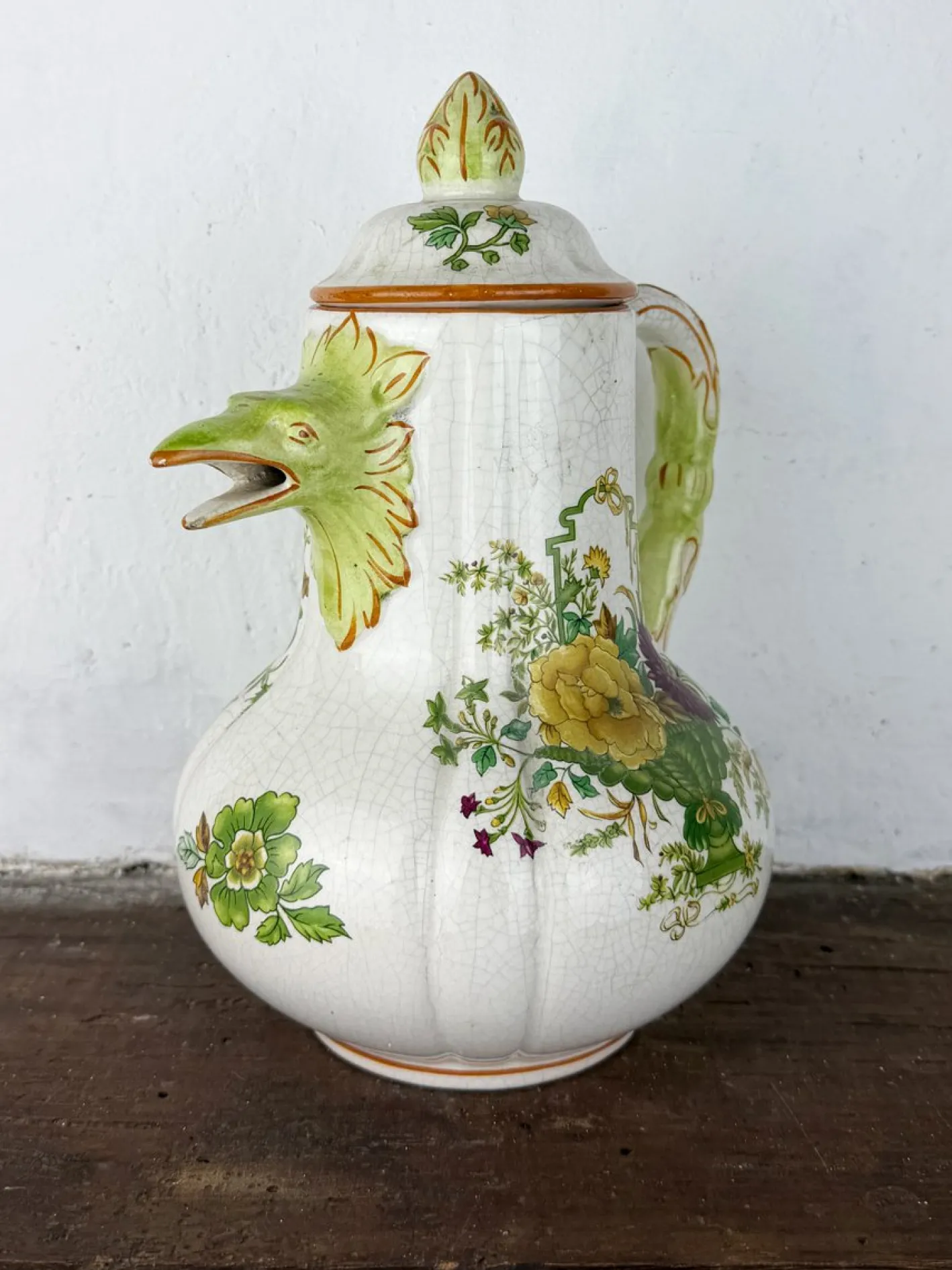 Antike zoomorphe italienische Majolica Kaffeekanne im Stil von Pasquale Rubati, frühes 20. Jh