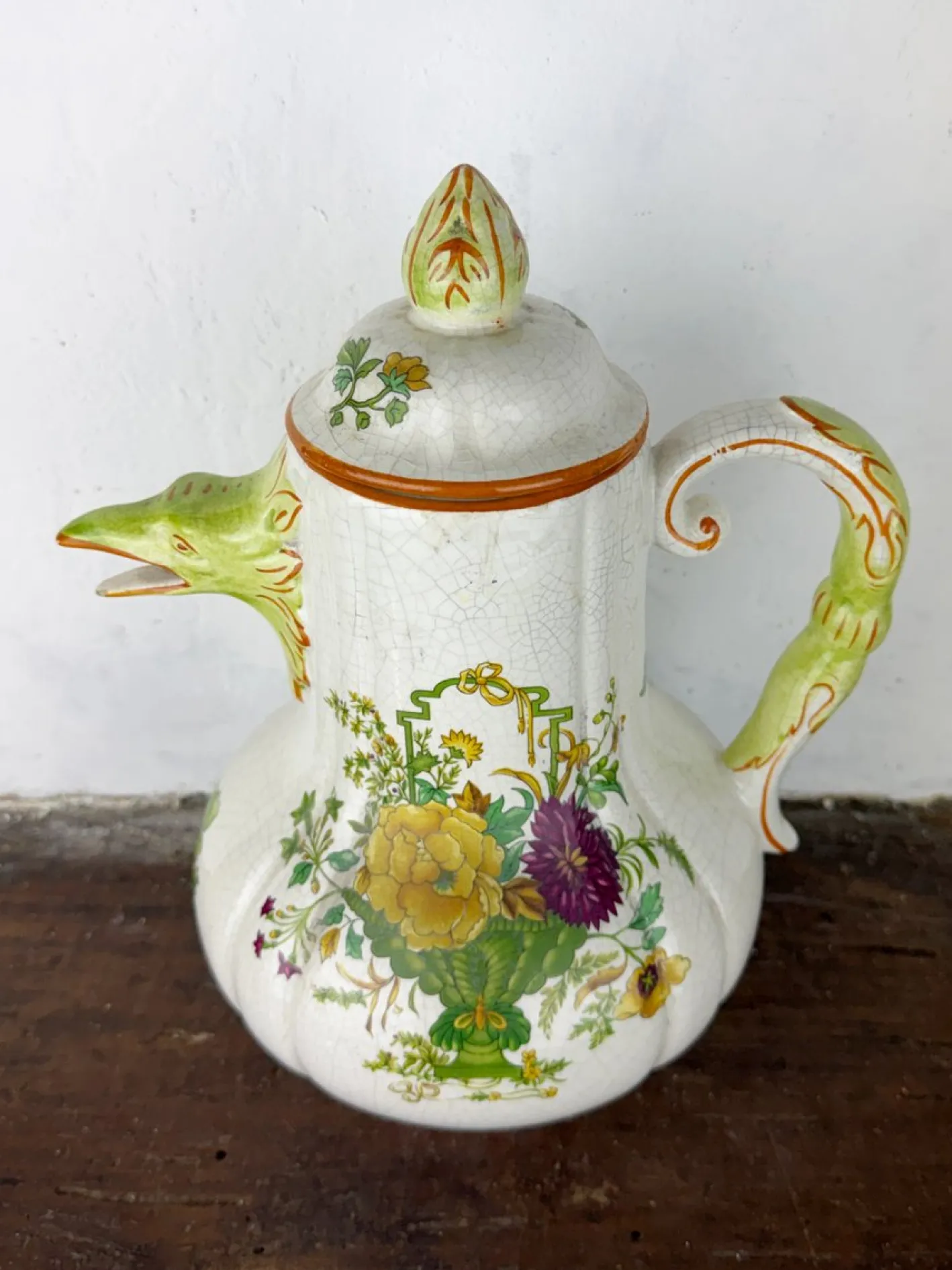 Antike zoomorphe italienische Majolica Kaffeekanne im Stil von Pasquale Rubati, frühes 20. Jh