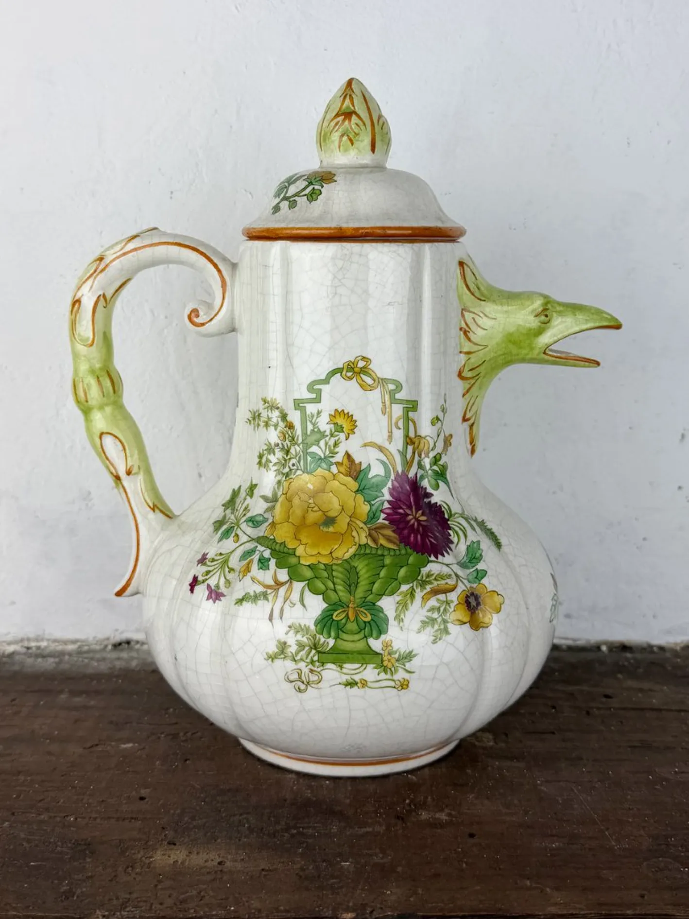 Antike zoomorphe italienische Majolica Kaffeekanne im Stil von Pasquale Rubati, frühes 20. Jh