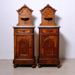 Antique Bedside Tables with Marble Backsplashes and Bases, Late 19th Century, Set of 2