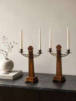 Art Deco Amsterdamer Schule Kerzenhalter aus Eiche & Messing, 1920er, 2er Set