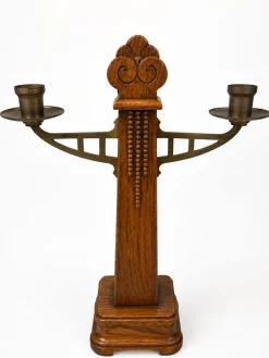 Art Deco Amsterdamer Schule Kerzenhalter aus Eiche & Messing, 1920er, 2er Set