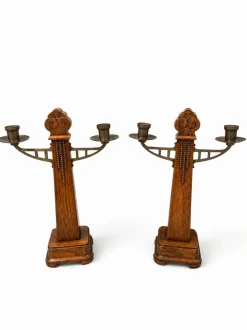 Art Deco Amsterdamer Schule Kerzenhalter aus Eiche & Messing, 1920er, 2er Set