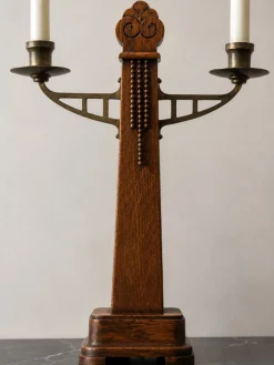 Art Deco Amsterdamer Schule Kerzenhalter aus Eiche & Messing, 1920er, 2er Set