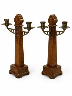 Art Deco Amsterdamer Schule Kerzenhalter aus Eiche & Messing, 1920er, 2er Set