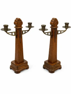 Art Deco Amsterdamer Schule Kerzenhalter aus Eiche & Messing, 1920er, 2er Set