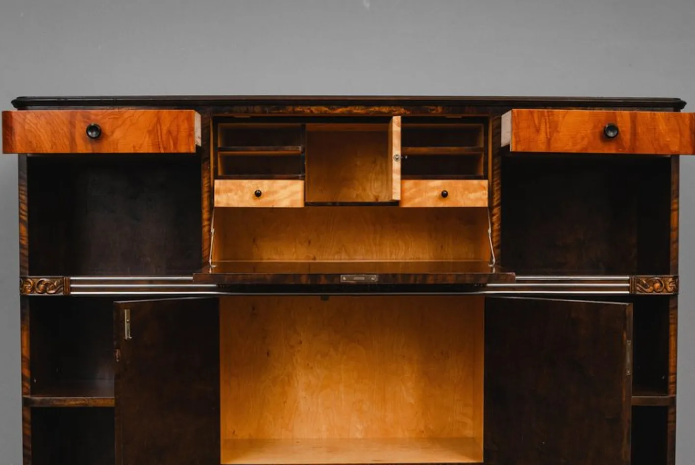 Art Deco Bücherregal mit Sekretär aus Birke & Nussholz