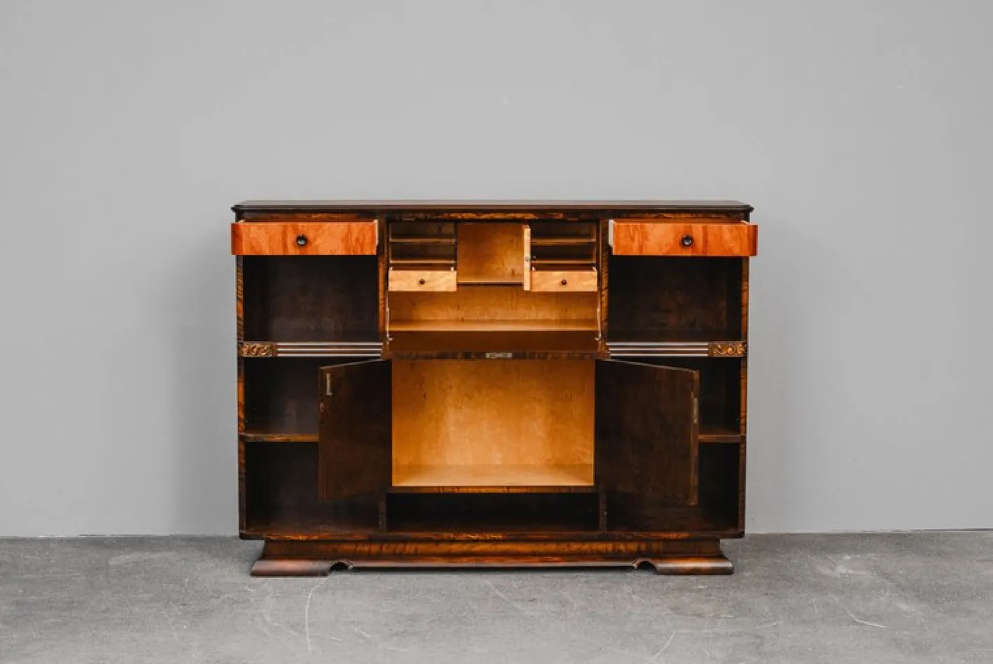 Art Deco Bücherregal mit Sekretär aus Birke & Nussholz
