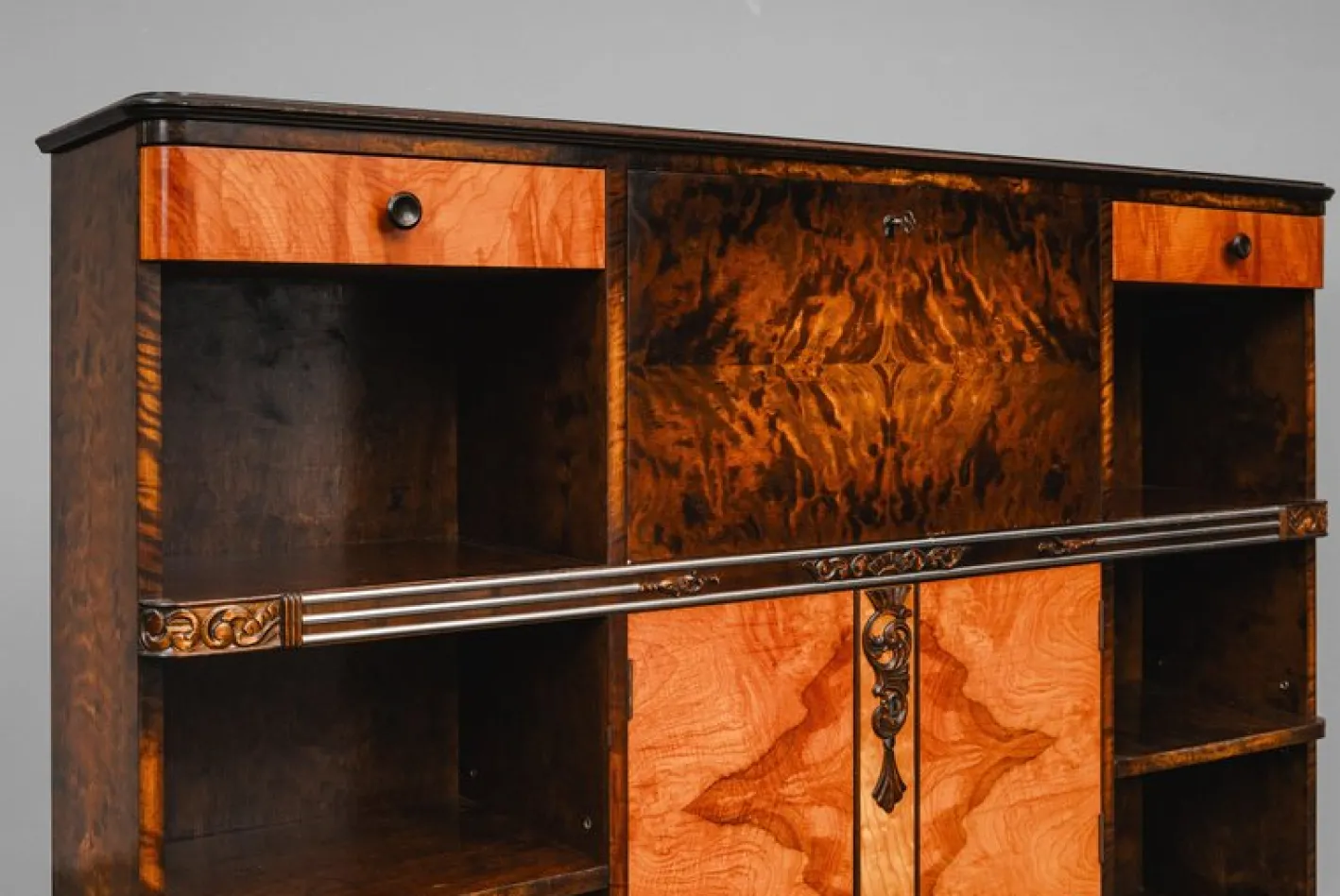 Art Deco Bücherregal mit Sekretär aus Birke & Nussholz