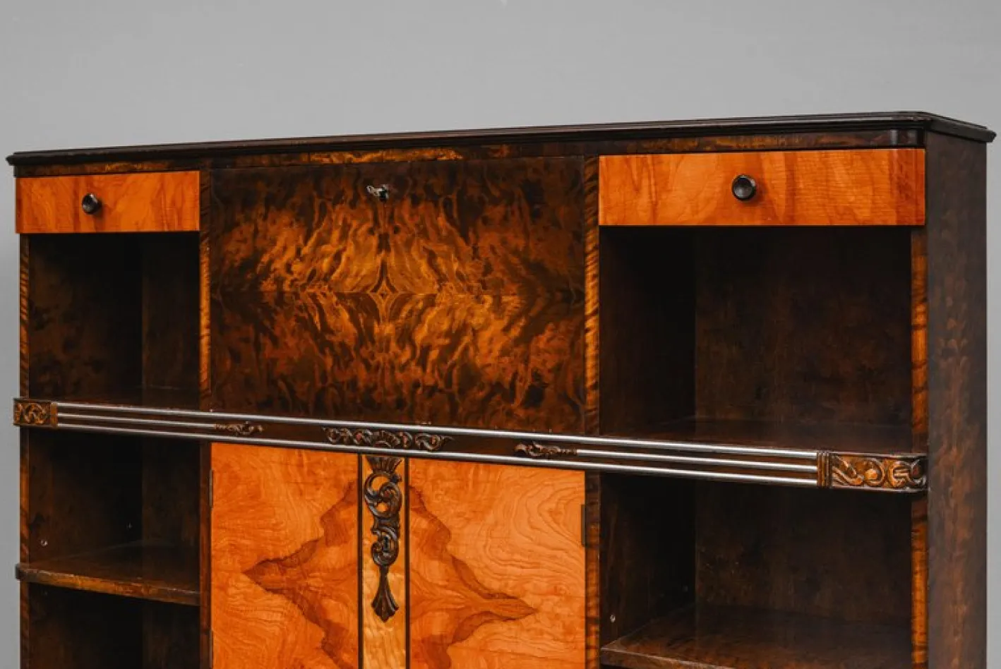 Art Deco Bücherregal mit Sekretär aus Birke & Nussholz
