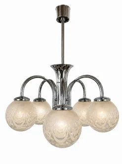 Art Deco Chrom Kronleuchter mit Fünf Leuchten und Geätzten Glaskugeln, 1940er