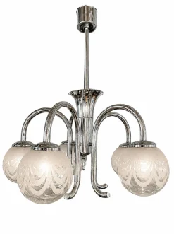 Art Deco Chrom Kronleuchter mit Fünf Leuchten und Geätzten Glaskugeln, 1940er