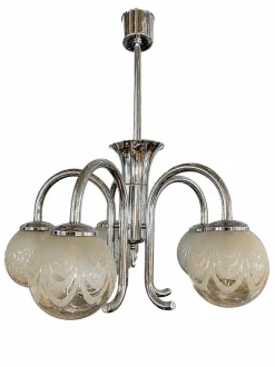 Art Deco Chrom Kronleuchter mit Fünf Leuchten und Geätzten Glaskugeln, 1940er