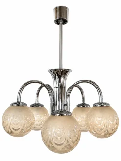 Art Deco Chrom Kronleuchter mit Fünf Leuchten und Geätzten Glaskugeln, 1940er