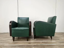 Art Deco Clubsessel aus Nussholz & grünem ECO-Leder, 1940, 2er Set
