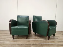 Art Deco Clubsessel aus Nussholz & grünem ECO-Leder, 1940, 2er Set