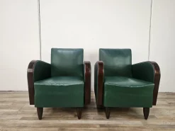 Art Deco Clubsessel aus Nussholz & grünem ECO-Leder, 1940, 2er Set