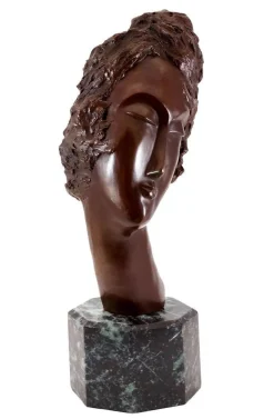 Art Deco Künstler, Braun patinierter Frauenkopf Skulptur, Bronze