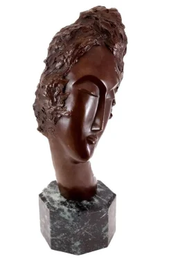 Art Deco Künstler, Braun patinierter Frauenkopf Skulptur, Bronze