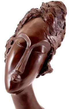 Art Deco Künstler, Braun patinierter Frauenkopf Skulptur, Bronze