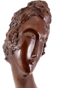 Art Deco Künstler, Braun patinierter Frauenkopf Skulptur, Bronze