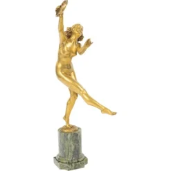 Art Deco Künstler, Tänzerin mit Tamburin, vergoldete Bronzeskulptur, 1930er Jahre