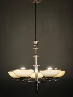 Art Deco Kronleuchter aus Nickel mit Champagnerglasschirmen, 1930er