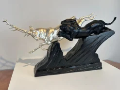 Art Deco Skulptur eines Hirsches und Panthers in Weißgold von Rochard, Frankreich, 1930er