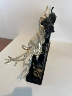 Art Deco Skulptur eines Hirsches und Panthers in Weißgold von Rochard, Frankreich, 1930er
