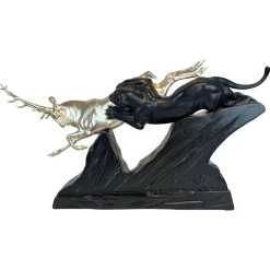 Art Deco Skulptur eines Hirsches und Panthers in Weißgold von Rochard, Frankreich, 1930er