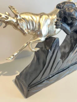 Art Deco Skulptur eines Hirsches und Panthers in Weißgold von Rochard, Frankreich, 1930er