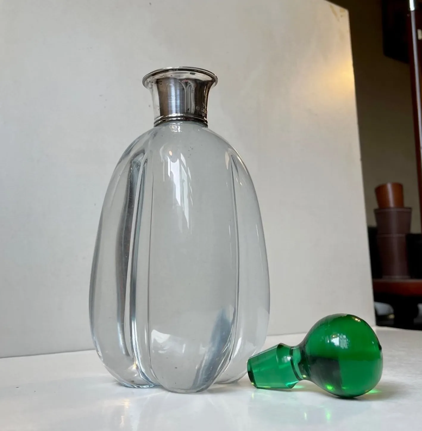 Art Deco Strombergshyttan Karaffe aus Kristallglas & Silber, 1930er