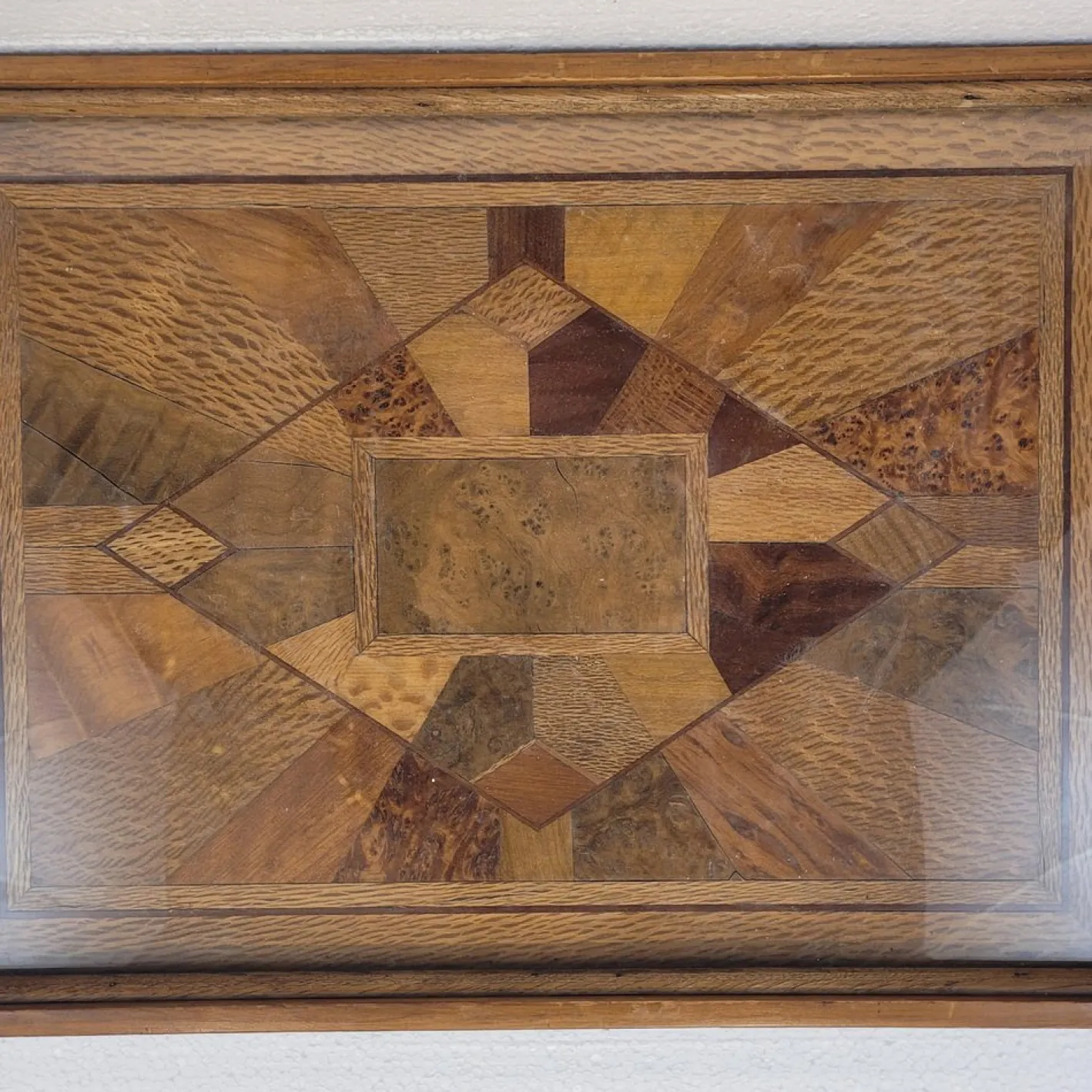 Art Deco Tablett Intarsien & Glas, Frankreich, 1950er