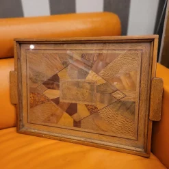 Art Deco Tablett Intarsien & Glas, Frankreich, 1950er