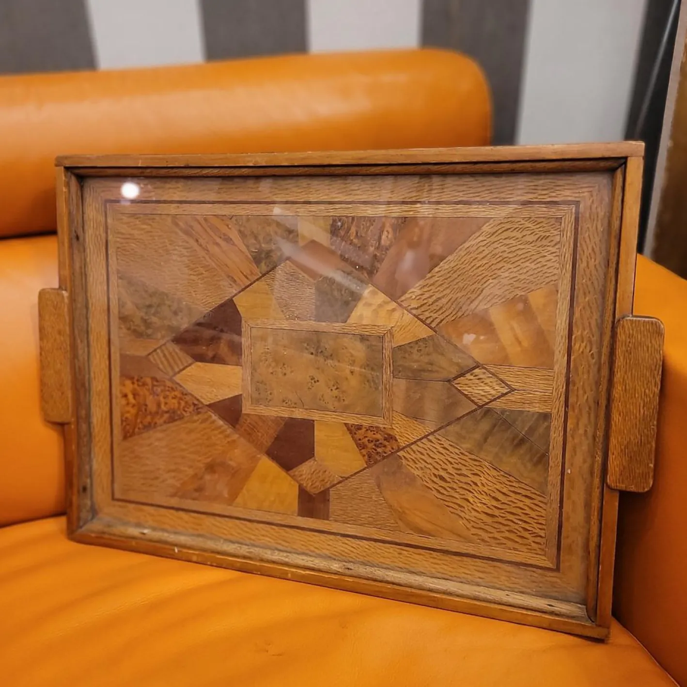Art Deco Tablett Intarsien & Glas, Frankreich, 1950er