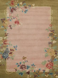 Art Deco Teppich im chinesischen Stil in Rosa und Grün mit bunten Blumenmustern von Rug&Kilim