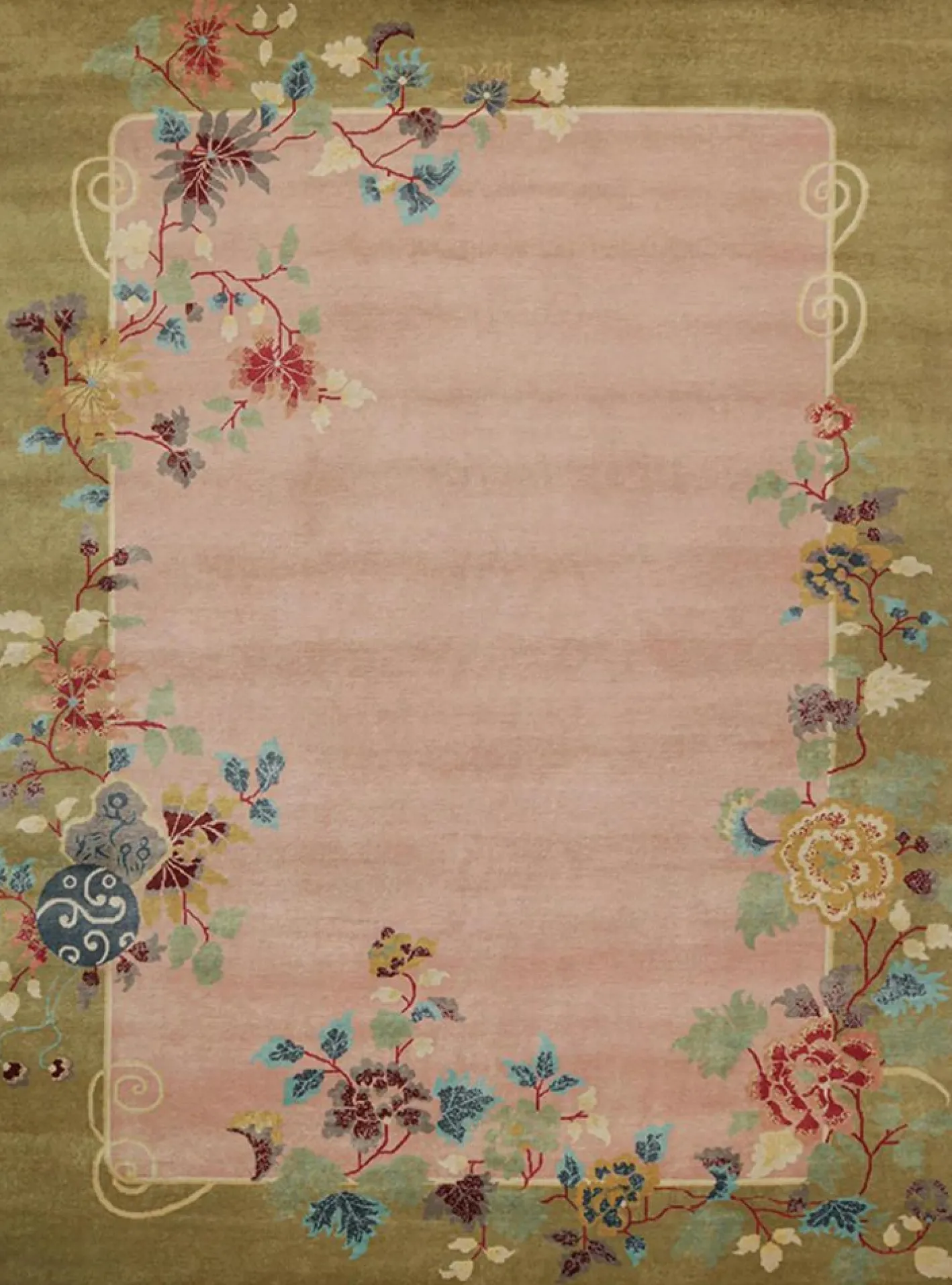 Art Deco Teppich im chinesischen Stil in Rosa und Grün mit bunten Blumenmustern von Rug&Kilim
