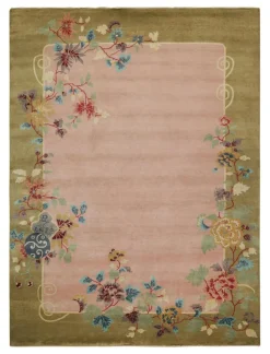 Art Deco Teppich im chinesischen Stil in Rosa und Grün mit bunten Blumenmustern von Rug&Kilim