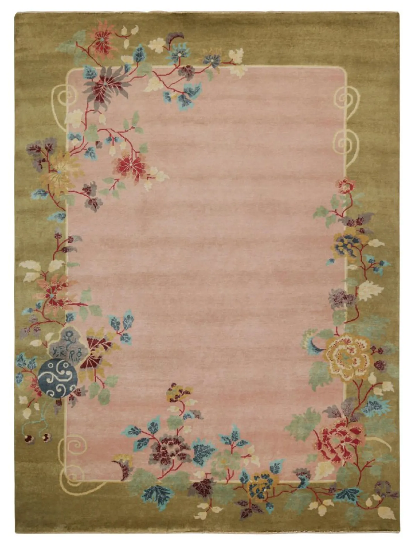 Art Deco Teppich im chinesischen Stil in Rosa und Grün mit bunten Blumenmustern von Rug&Kilim