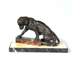 Art Deco Tiger, 1930, Patinierte Bronze auf Marmor und Onyx