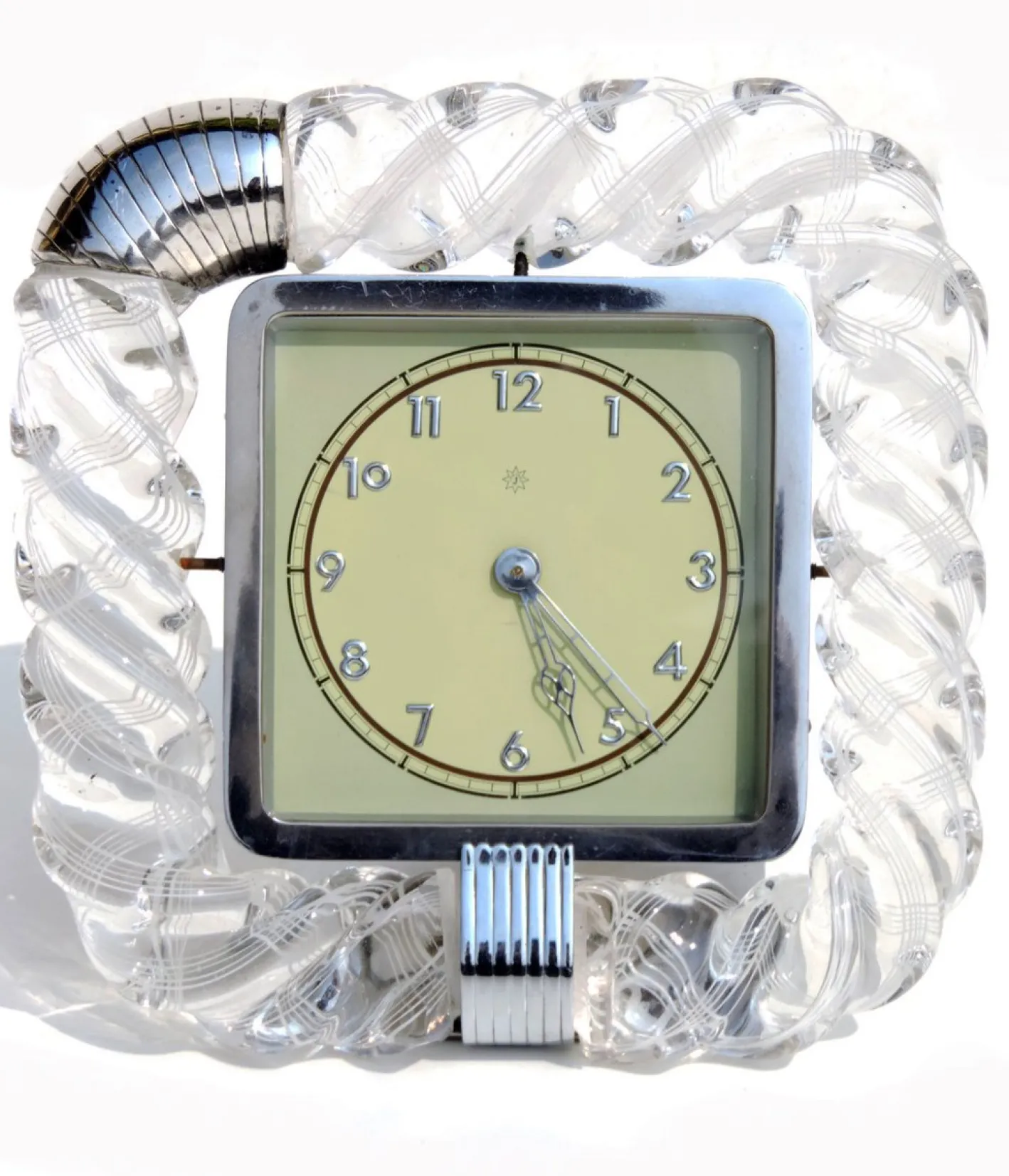 Art Deco Torchon Tischuhr aus gedrehtem Muranoglas von Venini, 1930er