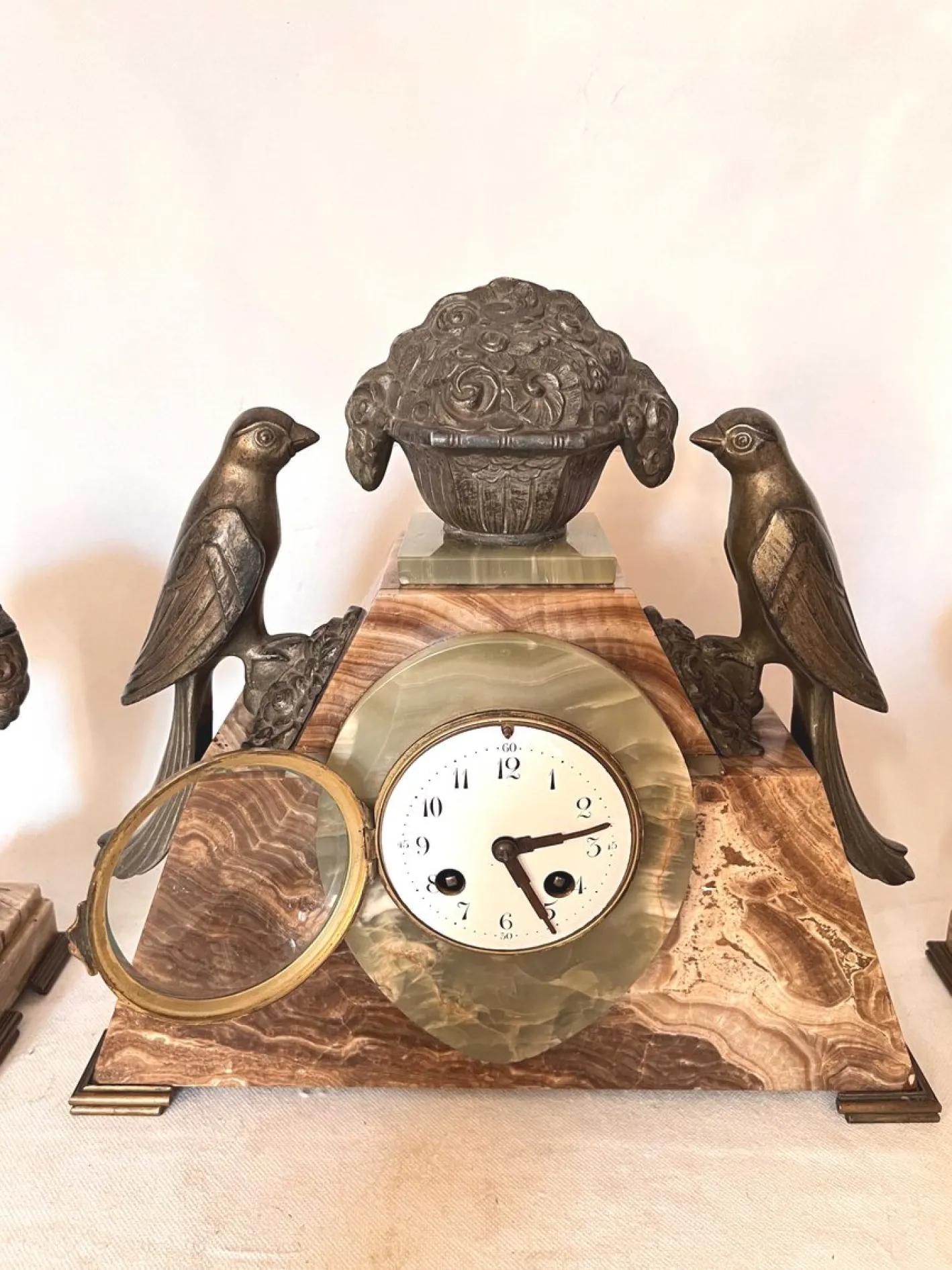 Art Deco Uhr mit Kassetten aus Marmor, 3er Set