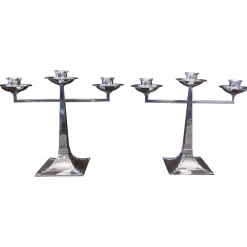 Arts & Crafts Silberner Kerzenhalter mit drei Zweigen von James Dixon & Sons, 1920er, 2er Set